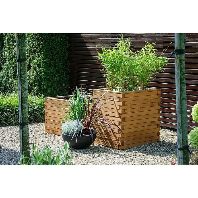 Dobar Hochteich Superb - L x B x H: 180 x 78 x 80 cm, Braun - Drei Pflanzgefäße, darunter zwei aus Holz und eines aus dunklem Material, inmitten einer Gartenlandschaft mit verschiedenen Pflanzen.