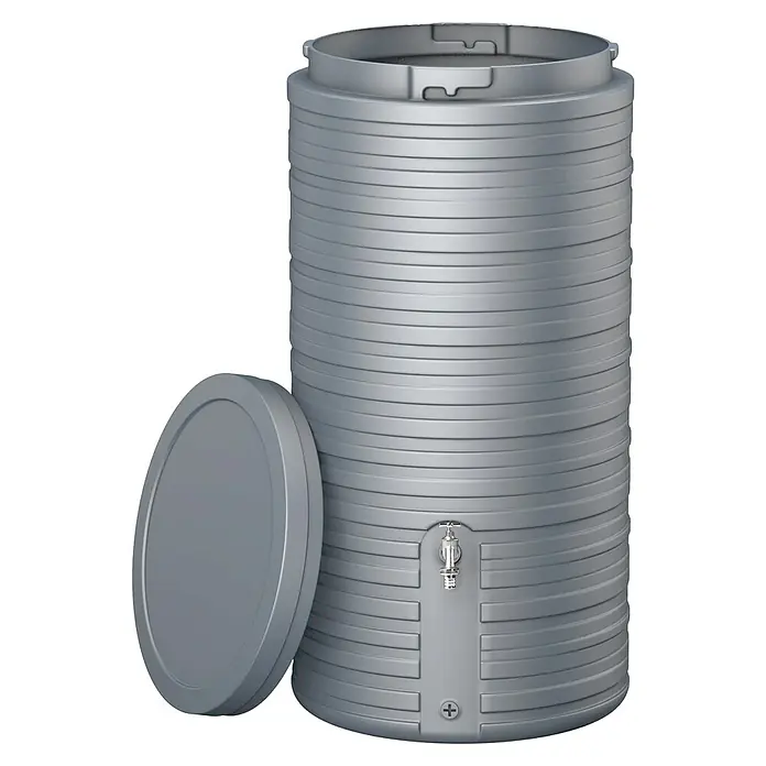 Garantia Classic Line Regenspeicher Nordic - 300 l, Steingrau - Silbergraue Regentonne mit abnehmbarem Deckel und Wasserhahn. Ideal zur Gartenbewässerung und Wasserspeicherung.