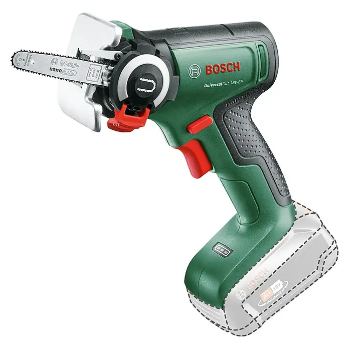 Bosch Power for All 18V NanoBlade-Säge Universal Cut 18V-65 - 18 V, Ohne Akku, 0 U/min - 8.000 U/min - Bild einer grünen Bosch UniversalCut 18V-65 Akku-Säbelsäge mit NanoBlade-Technologie, ideal für präzise Schnitte in verschiedenen Materialien.