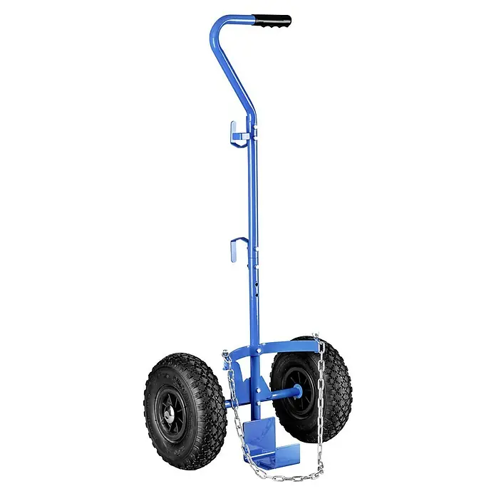 CFH Carro para bombonas de gas CFH GT89 - Apto para: Bombonas de propano de 11 kg - Imagen de un carro azul para bombonas de oxígeno con ruedas de goma y cadena de seguridad.