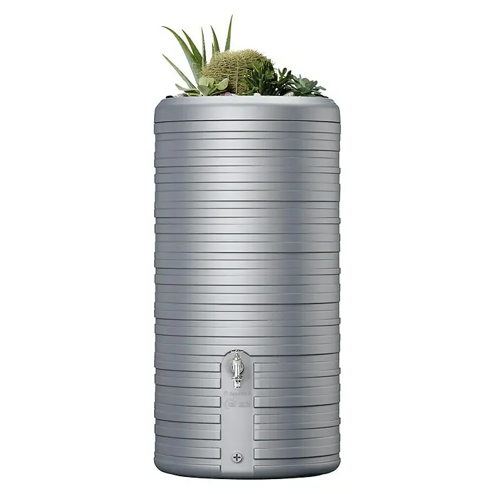 Garantia Classic Line Regenspeicher Nordic 2 in 1 - 300 l, Steingrau - Eine stilvolle Regentonnen mit Bepflanzung, ideal für den Garten. Die Tonne ist grau und hat ein modernes Design mit horizontalen Linien.