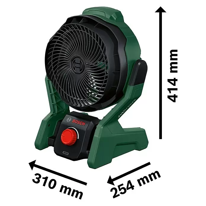 Bosch Power for All 18V Akku-Ventilator UniversalFan 18V-1000 - 18 V, 1 Akku, 2 Ah, Luftmenge: 1.000 m³/h - Ein grüner und schwarzer Bosch JetBreeze Akku-Lüfter mit rotem Bedienknopf.