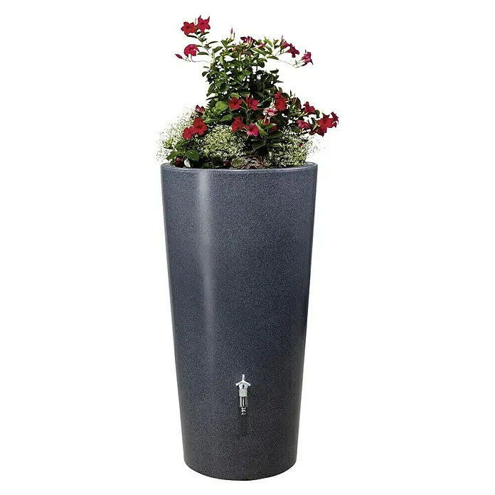 Garantia Modern Line Regenspeicher Stone 2 in 1 - 210 l, Lava - Die stilvolle Regentonnen-Pflanzkübel-Kombination in Anthrazit mit blühenden roten und weißen Blumen ist ein echter Hingucker für jeden Garten.