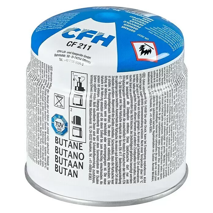 CFH Stechkartusche CF211 - 190 g - Blau-weiße Metall-Gaskartusche, CFH CF 211, für tragbare Gasgeräte.
