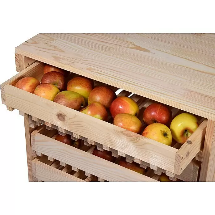 Dobar Kartoffel- & Obsthorde - L x B x H: 51 x 40,5 x 70,5 cm - Helles Holzregal mit mehreren Lamellenschubladen, eine davon offen, gefüllt mit roten und gelben Äpfeln.