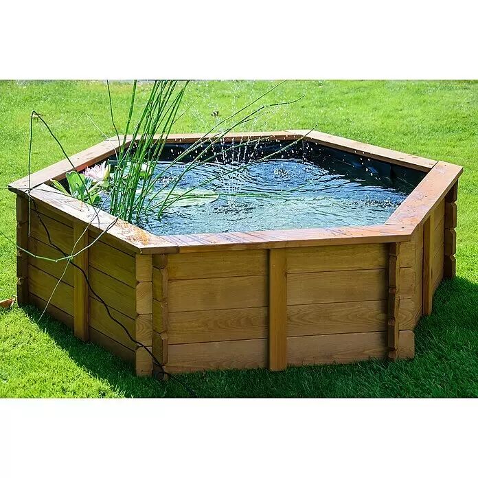 Dobar Hochteich Hexagon - L x B x H: 149 x 128,5 x 40 cm, Braun - Sechseckiger Holz-Hochteich mit Wasser, Seerose und Springbrunnen.