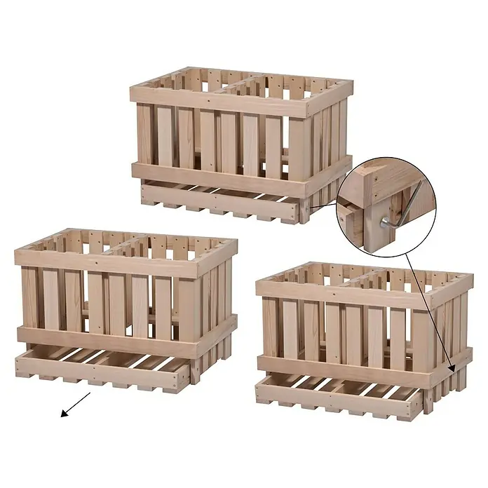 Dobar Kartoffel- & Obsthorde - L x B x H: 60 x 40 x 40 cm - Bilder von einem Holzpflanzkasten mit einer Schublade. Der Pflanzkasten ist aus hellem Holz gefertigt und hat ein schlichtes Design.
