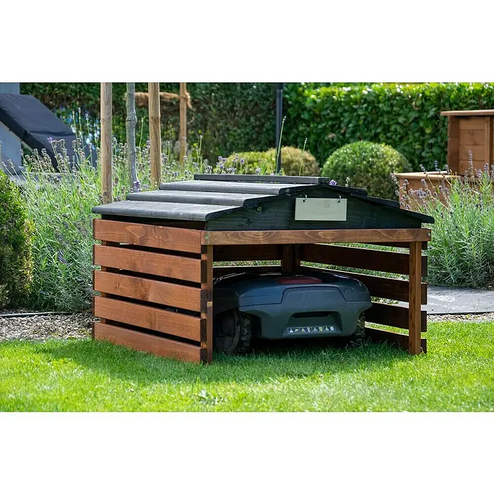 Dobar Mähroboter-GarageL x B x H: 78,5 x 74 x 52,5 cm, Braun/Schwarz - Unterstand für Rasenmähroboter aus Holz mit dunklem Dach. Der Holzunterstand bietet Schutz und eine Ladestation für den Mähroboter.