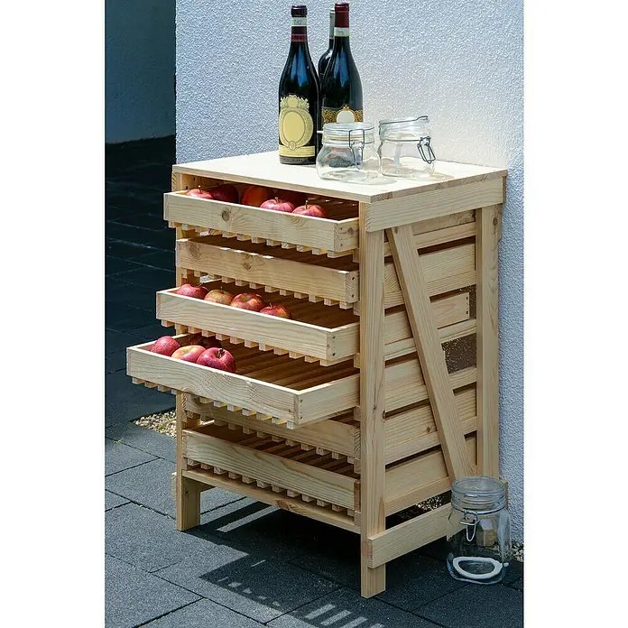 Dobar Kartoffel- & Obsthorde - L x B x H: 51 x 40,5 x 70,5 cm - Obstregal aus Holz mit Äpfeln und Weinflaschen.