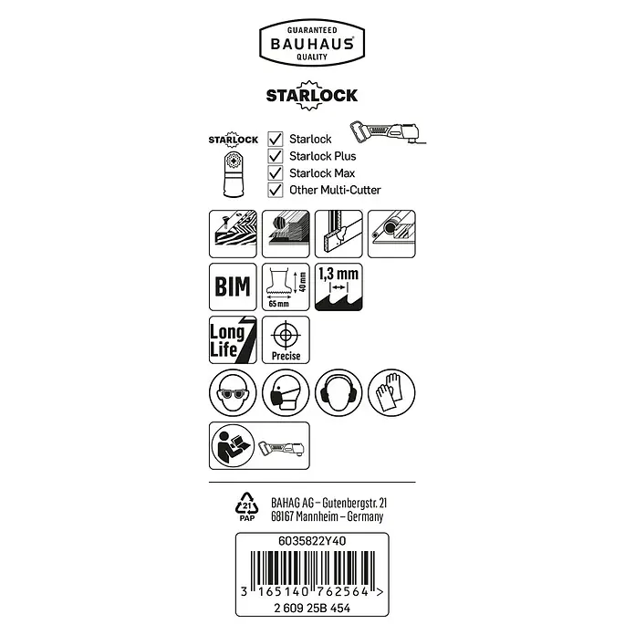 Craftomat Tauchsägeblatt AIZ 65 BB - 65 mm, Material: Bi-Metall, Geeignet für: Hartholz - Abbildung einer Verpackung für ein Bauhaus-Produkt der Marke Starlock, das Kompatibilität und Anwendungshinweise hervorhebt.