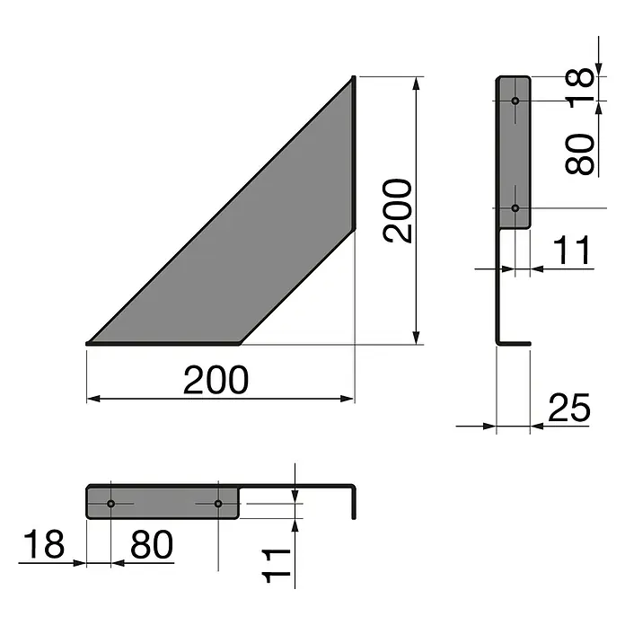 Walteco Wandkonsole Flat - L x H: 200 x 200 mm, Belastbarkeit: 15 kg, Schwarz, Stahl - Technische Zeichnung einer dreieckigen Halterung mit Bohrungen und Maßangaben für die Fertigung.