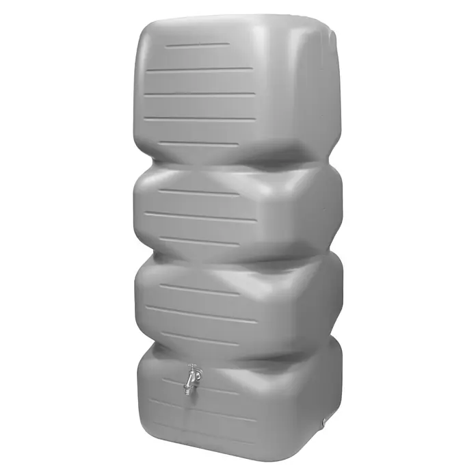 Garantia Basic Line Regentonne Cubus - 1.000 l, Betongrau - Grauer Wasserbehälter mit einem Wasserhahn unten, perfekt für die Gartenarbeit. Der Behälter hat eine interessante Form mit horizontalen Rillen.
