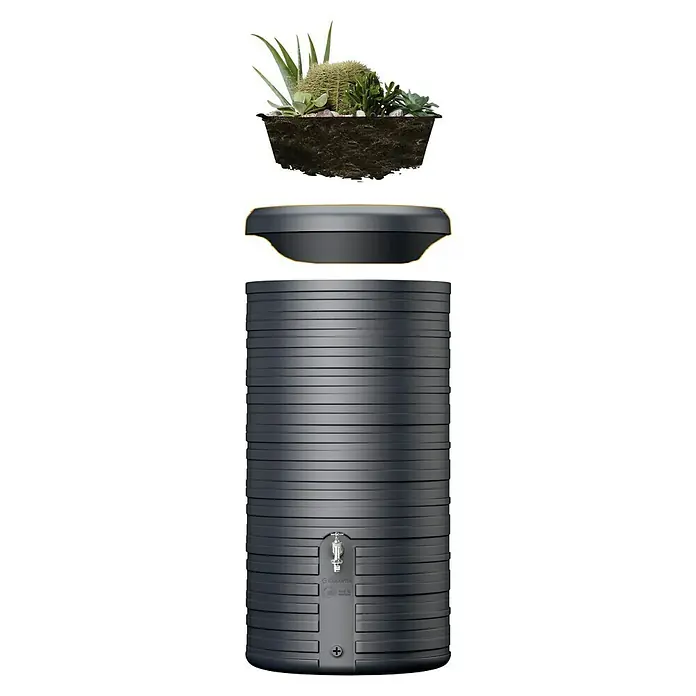 Garantia Classic Line Regenspeicher Nordic 2 in 1 - 300 l, Grau - Abbildung eines 300-Liter-Gartenwasserbehälters mit Pflanzgefäß oben. Ideal für die Gartenarbeit und zur Schonung der Umwelt.