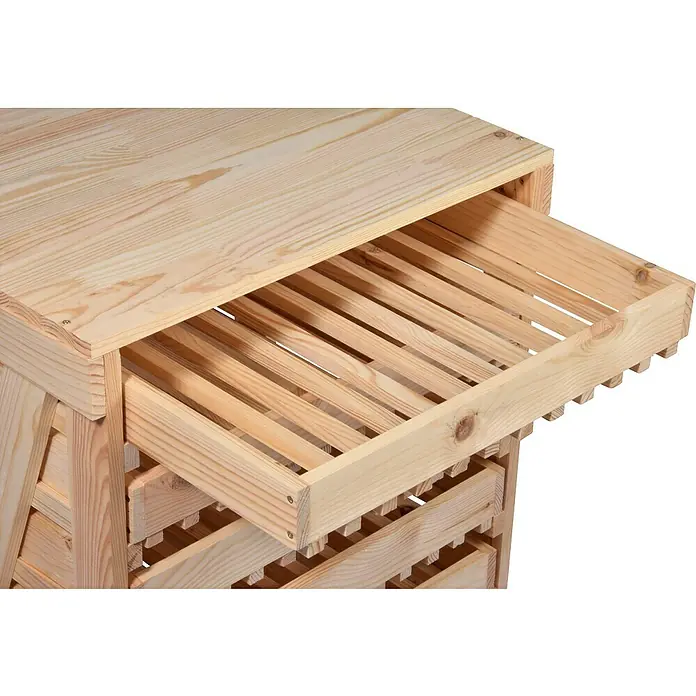 Dobar Kartoffel- & Obsthorde - L x B x H: 51 x 40,5 x 70,5 cm - Das Bild zeigt einen hellen Holzschrank mit einer Schublade, die teilweise geöffnet ist und Einblick in das Innere mit Holzlatten gewährt.