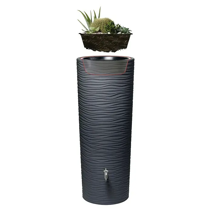 Garantia Modern Line Regenspeicher Natura 2 in 1 - 350 l, Graphite grey - Graue Regentonnen-Kombination mit Pflanzenaufsatz, die eine dekorative und praktische Lösung für die Gartenbewässerung darstellt.