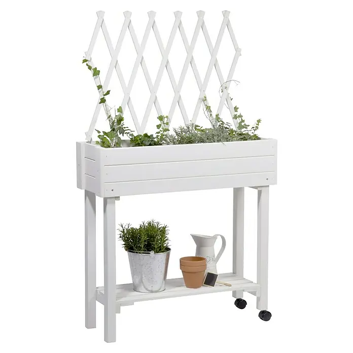 Dobar Hochbeet - L x B x H: 79 x 28,5 x 130 cm, Holz, Weiß - Ein Pflanztisch mit einem weißen Spalier, einem Pflanzkasten und einer unteren Ablage mit Rädern für den einfachen Transport.