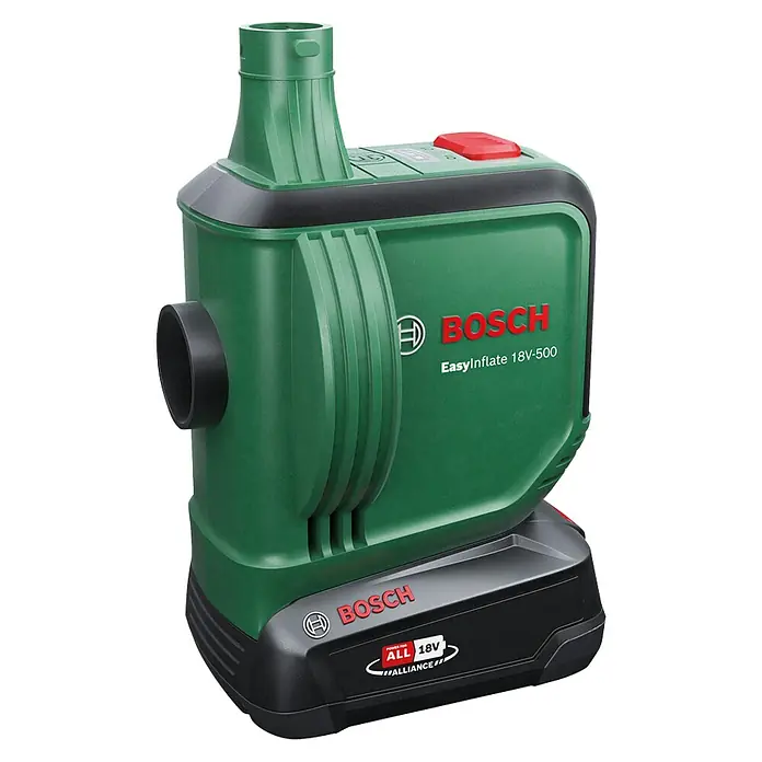 Bosch Power for All 18V Akku-Luftpumpe EasyInflate 18V-500 - 18 V, 1 Akku - Abbildung der grünen Bosch EasyInflate 18V-500 Akku-Luftpumpe mit rotem Knopf und schwarzem Akku.