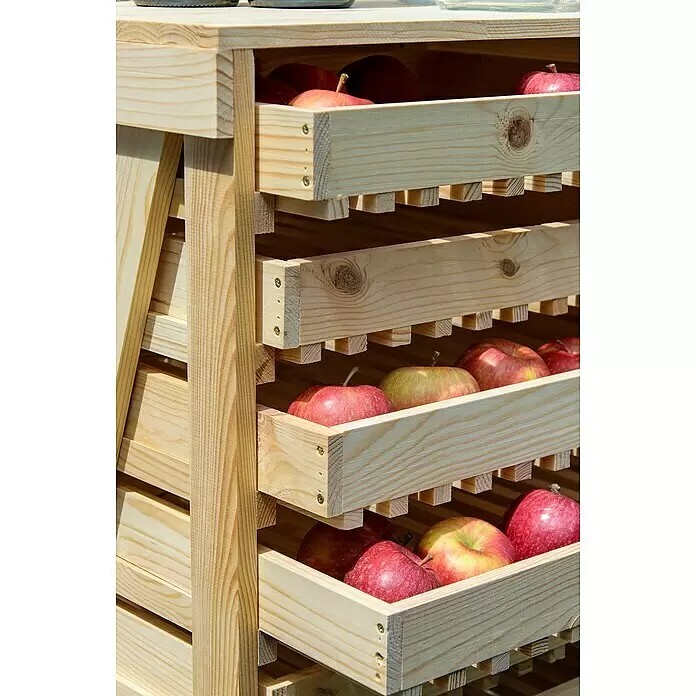 Dobar Kartoffel- & Obsthorde - L x B x H: 51 x 40,5 x 70,5 cm - Apfellagerregal aus hellem Holz mit mehreren Fächern, gefüllt mit roten und gelben Äpfeln.