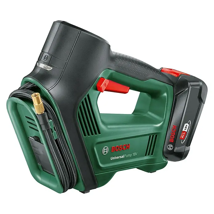 Bosch Power for All 18V Akku-Luftpumpe UniversalPump - 18 V, 1 Akku - Das Bild zeigt eine kabellose Bosch UniversalPump 18V, eine tragbare und vielseitige Luftpumpe.
