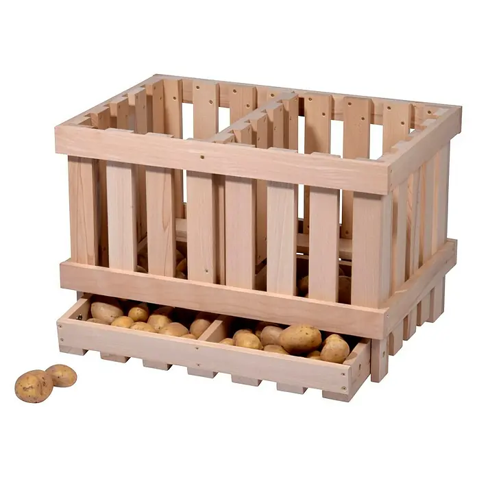 Dobar Kartoffel- & Obsthorde - L x B x H: 60 x 40 x 40 cm - Kartoffelregal aus Holz mit Schublade voller Kartoffeln auf schwarzem Hintergrund.