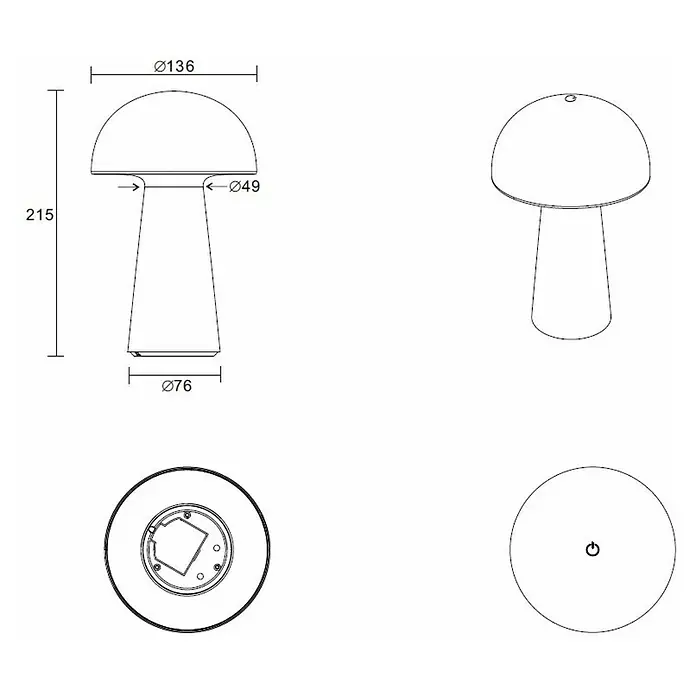 Trio Leuchten Akku-Tischleuchte Lennon - 2 W, Weiß, Warmweiß - Schema einer Tischleuchte in Pilzform mit den Maßen 215 mm Höhe und 136 mm Durchmesser. Bodenplatte 76 mm Durchmesser.