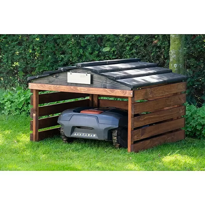 Dobar Mähroboter-Garage - L x B x H: 78,5 x 74 x 52,5 cm, Braun/Schwarz - Dunkel lasiertes Holzhaus für einen Mähroboter, das den grauen Mäher schützt.
