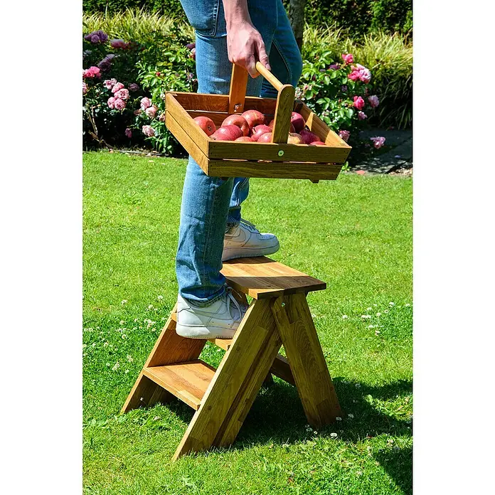 Dobar Klapptritt - L x B x H: 42 x 54 x 45 cm - Eine Person steht auf einer hölzernen Trittleiter im Garten und hält einen Korb voller Äpfel. Die Trittleiter ist aus hellem Holz.