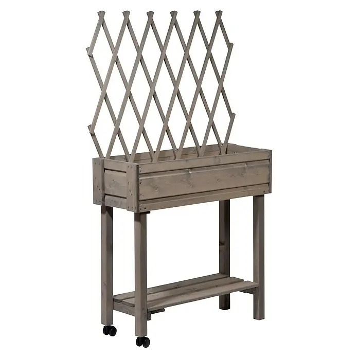Dobar Hochbeet - L x B x H: 79 x 28,5 x 130 cm, Holz, Grau - Der Pflanztisch aus Holz mit Rankgitter ist perfekt für den Garten. Der Tisch verfügt über eine Ablage und Rollen für einfaches Bewegen.