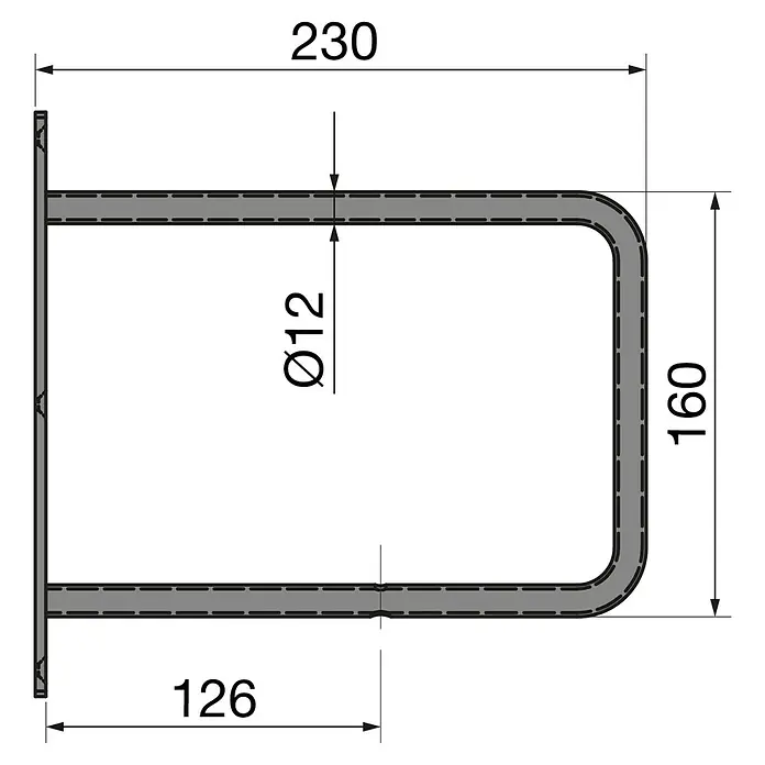 Walteco Wandkonsole Bend - L x H: 230 x 230 mm, Belastbarkeit: 30 kg, Schwarz, Stahl - Ein Schema eines Bügelgriffs mit Breiten- und Höhenangaben, ideal für technische Dokumentationen im Handwerk.