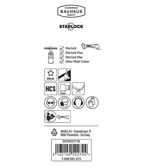 Craftomat Schaber ATZ 52 SFC - 45 x 52 mm, Flexibel, Gekröpft - Abbildung einer Bauhaus Starlock Verpackung mit Produkteigenschaften und Warnhinweisen für sicheren Gebrauch.