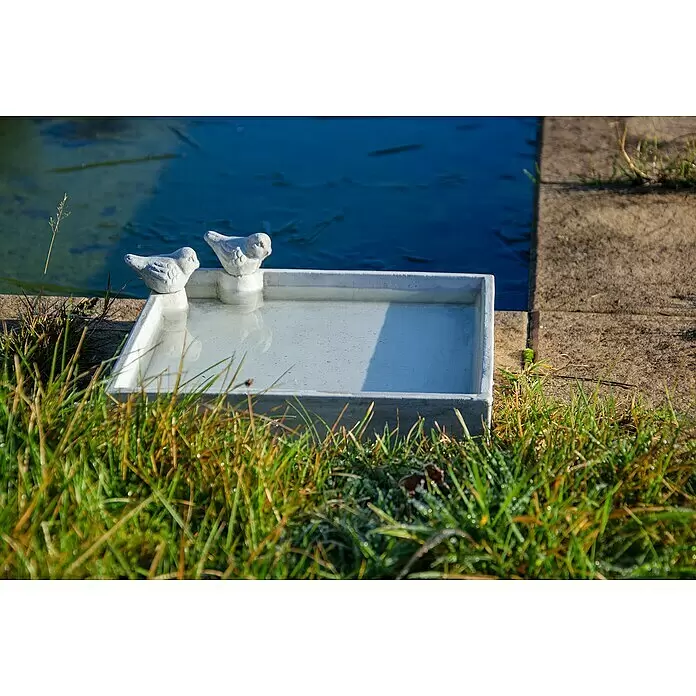 Dobar Vogeltränke Carré - Grau, Keramik, L x B x H: 29 x 29 x 5 cm - Weißes Vogelbad mit zwei dekorativen Vogelfiguren, mit Wasser gefüllt, neben einem Teich und Gras platziert.