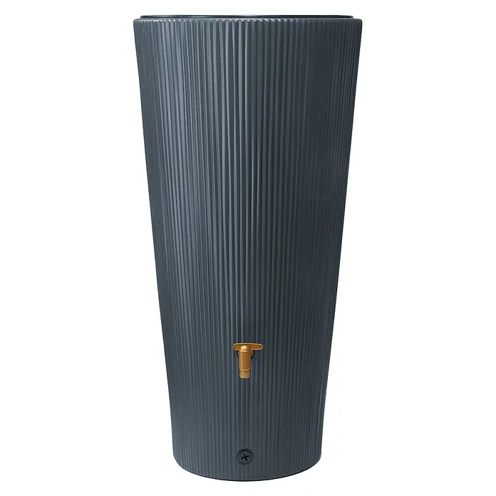 4rain Regenspeicher Vaso Decor 2in1 - 220 l, Graphite grey - Nahaufnahme eines grauen Regentonnen mit gerilltem Design und einem goldenen Wasserhahn. Perfekt zur Wasserspeicherung im Garten.