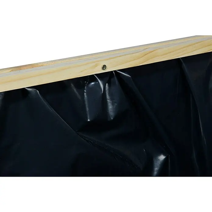 Dobar Hochbeet - L x B x H: 80 x 40 x 78 cm, Holz, Natur - Das Bild zeigt das Innere eines Pflanzgefäßes mit einer schwarzen Folie, die an einem hellen Holzrahmen befestigt ist. Eine Schraube hält die Folie.