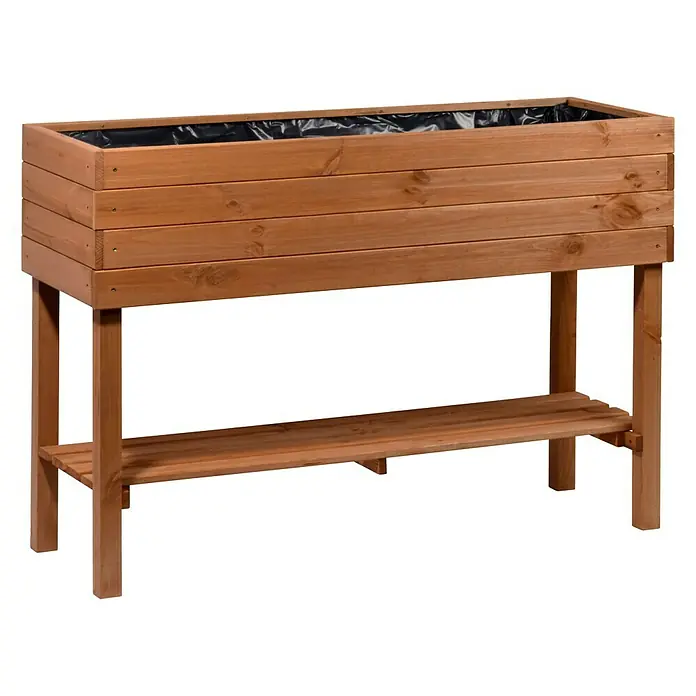 Dobar Hochbeet - L x B x H: 117 x 40 x 80 cm, Holz, Braun - Ein rechteckiger, hölzerner Pflanztrog mit Ständer und Ablagefläche, ideal für den Garten oder die Terrasse.