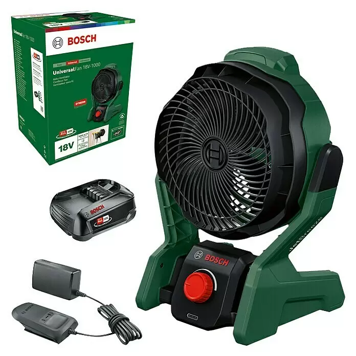 Bosch Power for All 18V Akku-Ventilator UniversalFan 18V-1000 - 18 V, 1 Akku, 2 Ah, Luftmenge: 1.000 m³/h - Grüner und schwarzer Bosch Akku-Lüfter, 18V Akku, Ladegerät und Produktverpackung.
