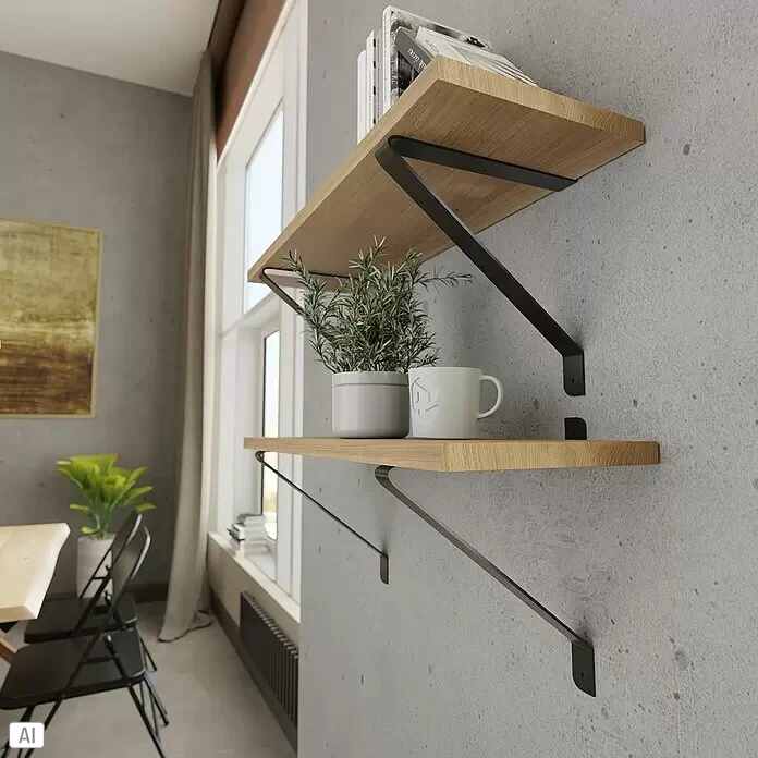 Walteco Wandkonsole Gala - L x H: 220 x 250 mm, Belastbarkeit: 30 kg, Schwarz, Stahl - Zwei helle Holzregale mit schwarzen Metallhalterungen an einer Betonwand, mit Büchern, Pflanze und Tasse.