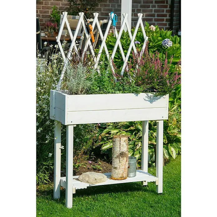 Dobar Hochbeet - L x B x H: 79 x 28,5 x 130 cm, Holz, Weiß - Der Pflanztisch mit Rankgitter ist aus weiß lackiertem Holz gefertigt und bietet Platz für Pflanzen und Gartengeräte.
