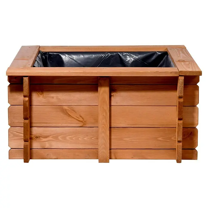 Dobar Hochteich Square - L x B x H: 78 x 78 x 42 cm - Nahaufnahme einer Holzpflanzkiste mit schwarzer Innenfolie, ideal für den Garten oder die Terrasse. Rustikales Design.