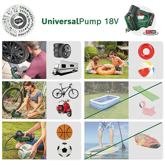 Bosch Power for All 18V Akku-Luftpumpe UniversalPump - 18 V, 1 Akku - Vielfältige Anwendungsmöglichkeiten der UniversalPump 18V: Ob Autoreifen, Bälle oder Luftmatratzen, diese Pumpe ist ein Allrounder für den Alltag.