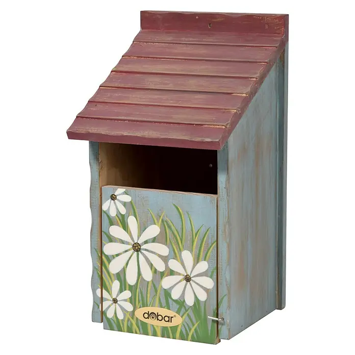 Dobar Nistkasten Blumenmotiv - 15 x 14,5 x 28 cm, Holz, Rot/Blau/Grün - Ein skurriles, blaues Holzvogelhaus mit Gänseblümchen und einem roten Dach, eine charmante Ergänzung für jeden Garten.
