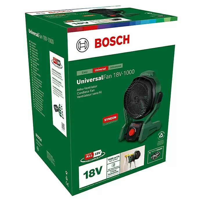 Bosch Power for All 18V Akku-Ventilator UniversalFan 18V-1000 - 18 V, 1 Akku, 2 Ah, Luftmenge: 1.000 m³/h - Grün-weiße Bosch UniversalFan 18V-1000 Akku-Ventilator Produktverpackung, die den grün-schwarzen Ventilator zeigt.