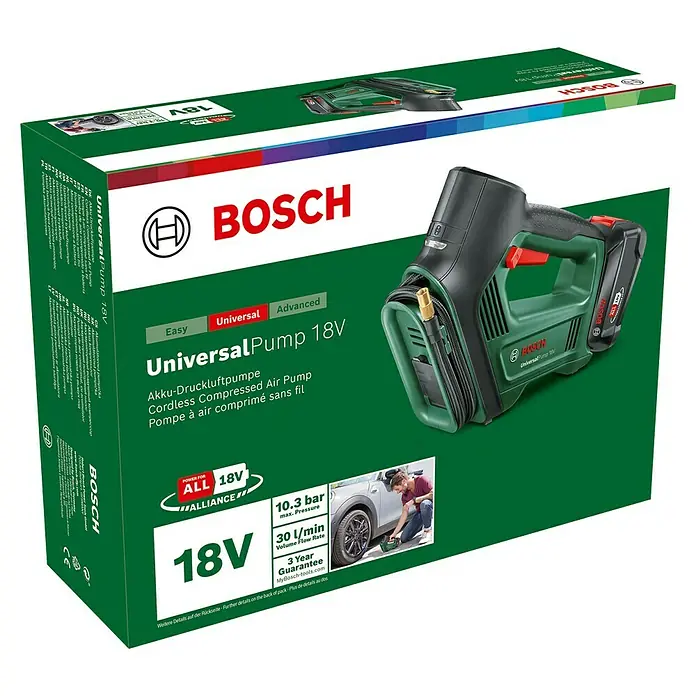 Bosch Power for All 18V Akku-Luftpumpe UniversalPump - 18 V, 1 Akku - Abbildung einer Verpackung für die Akku-Druckluftpumpe Bosch UniversalPump 18V mit zugehöriger Pumpe.