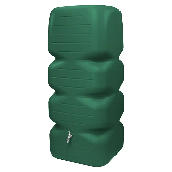 Garantia Basic Line Regentonne Cubus - 1.000 l, Dunkelgrün - Ein dunkelgrüner Wasserspeicher mit vier Segmenten und einem silbernen Wasserhahn im unteren Bereich zur Gartenbewässerung.
