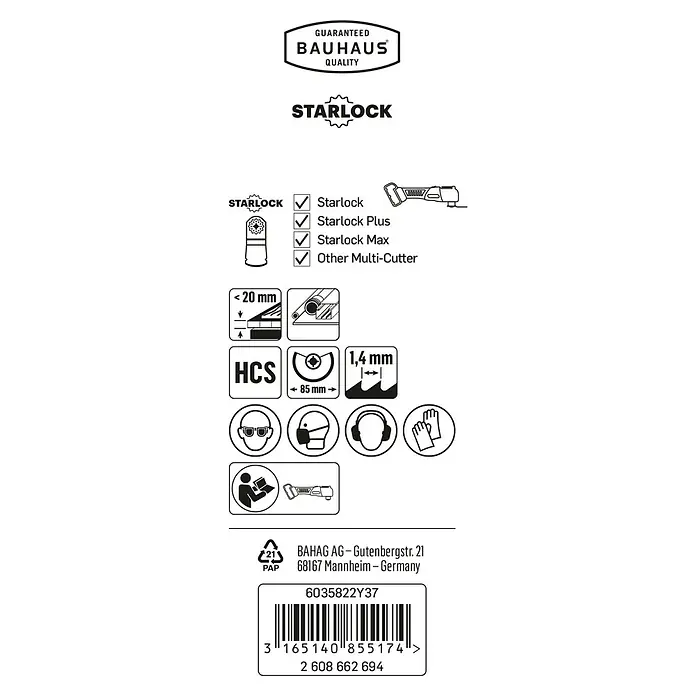 Craftomat Segmentsägeblatt - Durchmesser: 85 mm, Geeignet für: Holzwerkstoffe, STARLOCK-System - Produktetikett mit Bauhaus-Qualitätsgarantie, Starlock-Kompatibilität, technischen Daten und Sicherheitsvorkehrungen.
