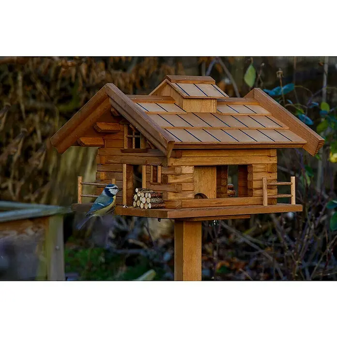 Dobar Vogelfutterhaus Tirol - L x B x H: 37 x 37 x 117 cm, Braun, Holz - Detailaufnahme eines aufwendigen Holz-Vogelhauses mit einem Blaumeisen-Besucher, der auf der Plattform landet.