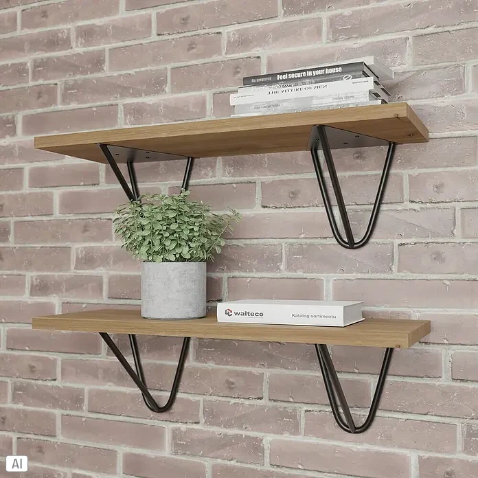 Walteco Wandkonsole Wans - L x B x H: 200 x 160 x 186 mm, Belastbarkeit: 30 kg, Schwarz, Stahl - Zwei Holzregale mit schwarzen Metallhalterungen an einer Ziegelwand, dekoriert mit Büchern und einer Pflanze.