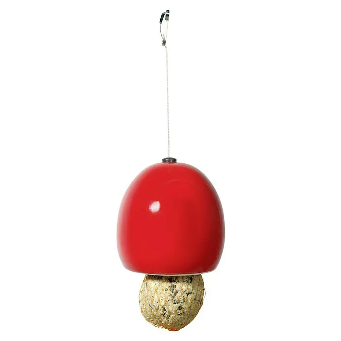 Dobar Futterspender - 9,5 x 9,5 x 9,5 cm, Keramik, Rot/Blau/Grün - Roter Vogelfutterspender mit Samenmischung, hängt an einer stabilen Kordel mit einem Karabinerhaken zur einfachen Aufhängung im Garten oder auf dem Balkon.