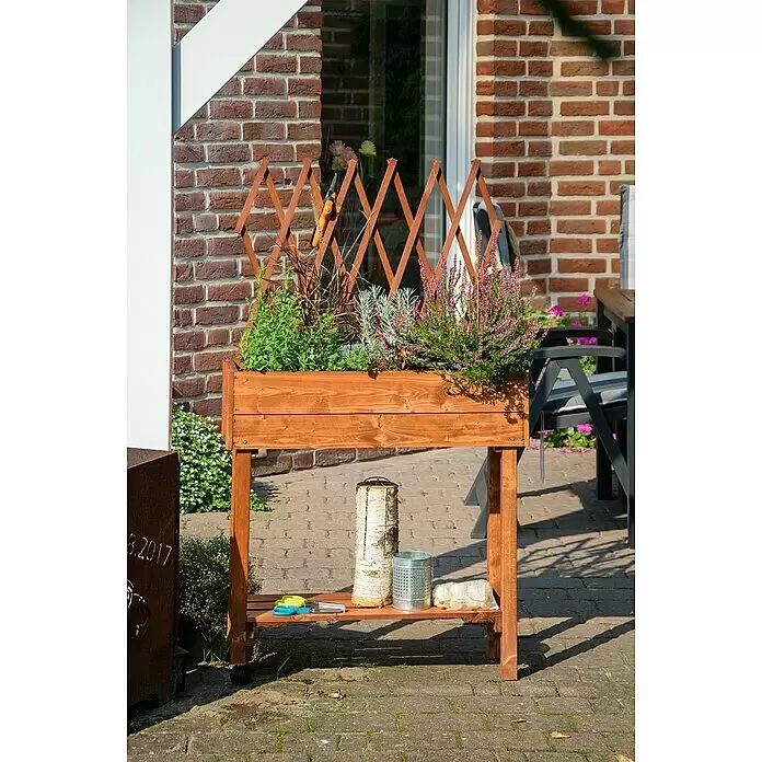 Dobar Hochbeet - L x B x H: 79 x 28,5 x 130 cm, Holz, Braun - Braunes Hochbeet aus Holz mit integriertem Spalier und Ablage, bepflanzt mit verschiedenen Pflanzen und Gartengeräten.