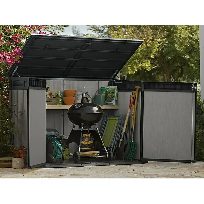 Keter Truhe Grande Store - Außenmaß inkl. Dachüberstand (B x T): 191 x 109 cm, Kunststoff, Grau, Geeignet für Anzahl Mülltonnen: 3 Stk. - Offene Gartenbox mit Grill, Holzkohle und Gartengeräten. Praktische Aufbewahrung für den Außenbereich mit viel Stauraum und einfacher Organisation.