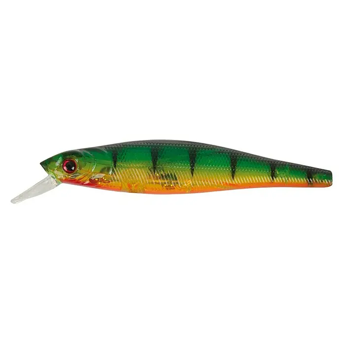 Westline Wobbler Minman 105 - Zielfisch: Zander/Hecht, 10,5 cm, Mit Drillingen, PE - Ein detaillierter Wobbler in Fischform mit grünen und gelben Farbtönen, ideal zum Angeln.